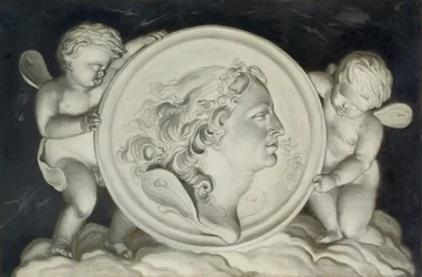 Zephyr in einem bemalten Rundel, unterstützt von Putti, die auf Wolken schweben